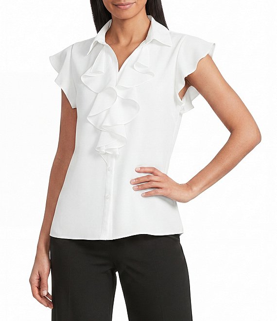 Jones New York Collared V-Neck Flutter Sleeve Ruffle Button Front Blouse