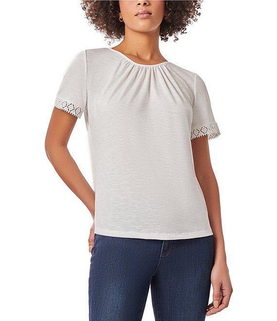 Jones New York Gathered Crew Neck Embellished Lace Trim Short Sleeve Top