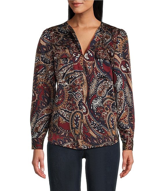 Jones New York Notch Neck Long Sleeve Print Simplified Utility Blouse ...