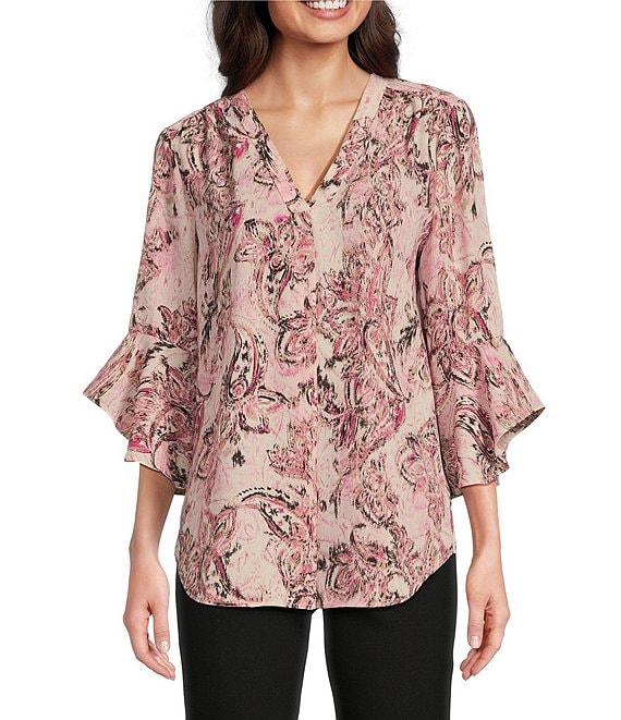 Jones New York Paisley Printed Crepe De Chine V-Neck Flare