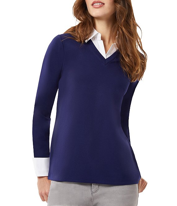 Jones New York Serenity Poplin Knit Point Collar V-Neck Long Sleeve Twofer  Sweater