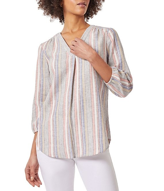 Jones New York Stripe V-Neck Pleat Front 3/4 Sleeve Tunic