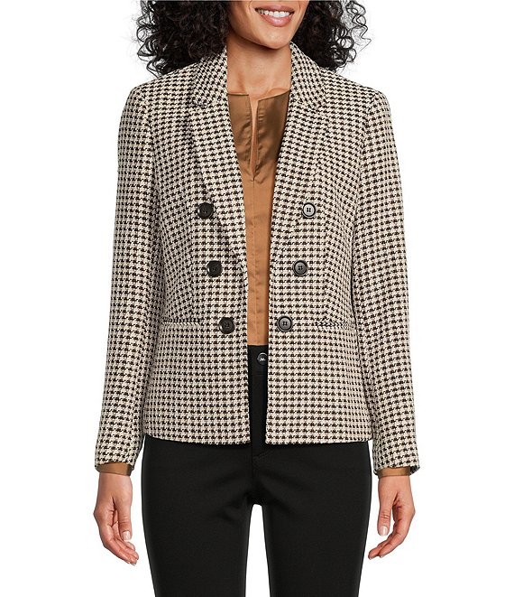 Jones New York Tweed Houndstooth Notch Lapel Pocketed Faux Double ...