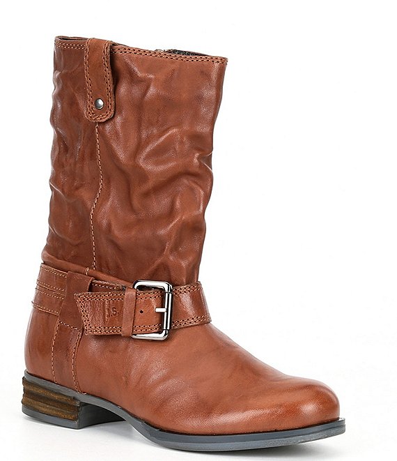 Color:Cognac - Image 1 - Sanja 14 Leather Buckle Strap Detail Moto Boots
