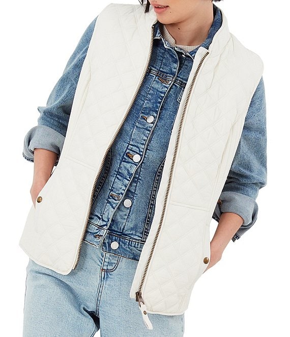 Color:Winter White - Image 1 - Quilted Stand Collar Zip Front Lightweight Vest
