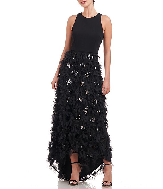 Js Collections Combo Scuba Crepe Bodice with Textured Chiffon Fringe Mesh A  Line Hi Lo Gown