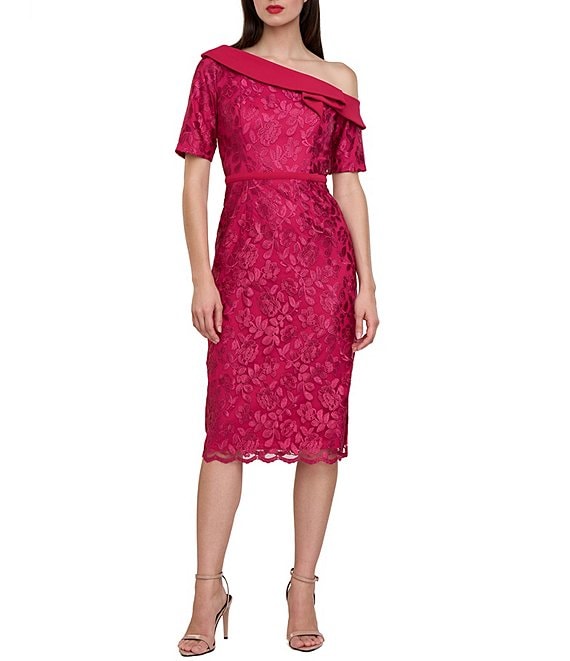 JS Collections Floral Embroidered Mesh Asymmetrical Crepe One Shoulder Short Sleeve Scalloped Hem Sheath Dress Dillard s