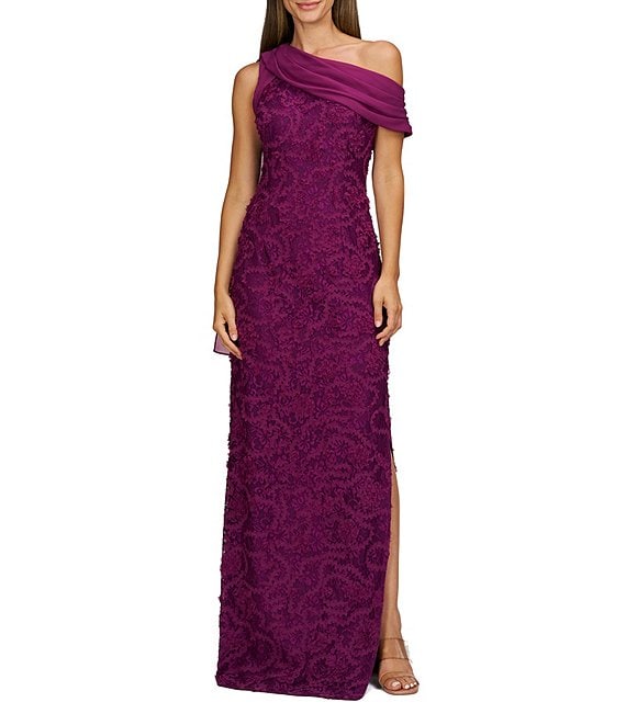 JS Collections Lace Floral Soutache Asymmetrical Neck with Chiffon Drape Back Gown Dillard s