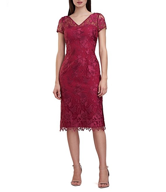 JS Collections Lily Floral Embroidered Mesh Illusion V Neck Sheer Cap Sleeve Scallop Hem Midi Sheath Dress