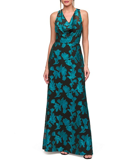 JS Collections Melba Cowl Neck Floral Chiffon Long Gown
