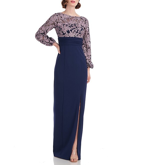 JS Collections Metallic Embroidered Bodice Boat Neck Long Sleeve Gown ...