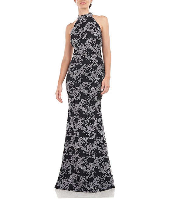 Color:Black Silver - Image 1 - Metallic Halter Mock Neck Mermaid Gown