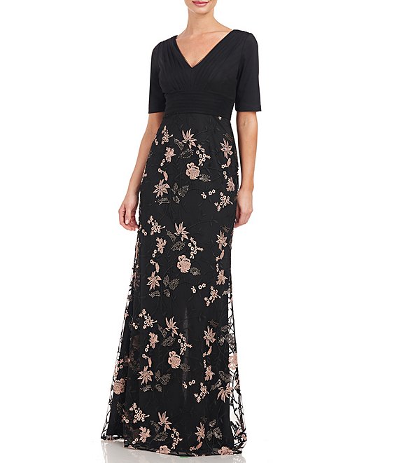 JS Collections Beaded Embroidery V-Neck Sleeveless Mesh Drape Overlay  A-Line Gown | Dillard's