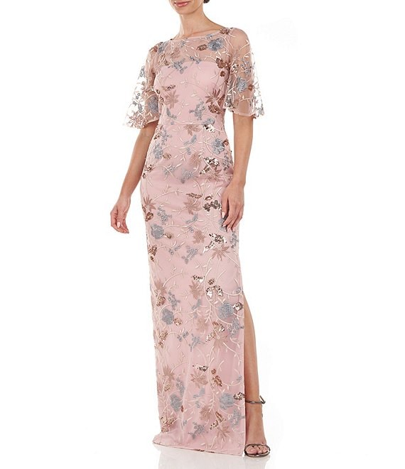 JS Collections Sequin Embroidered Mesh Short Flutter Sleeve JS Collections Sequin Embroidered Mesh Short Flutter Sleeve