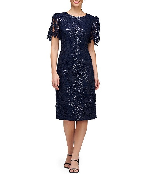 JS Collections Sequin Lace Round Neckline Short Puff Sleeve Sheath Dress Dillard s