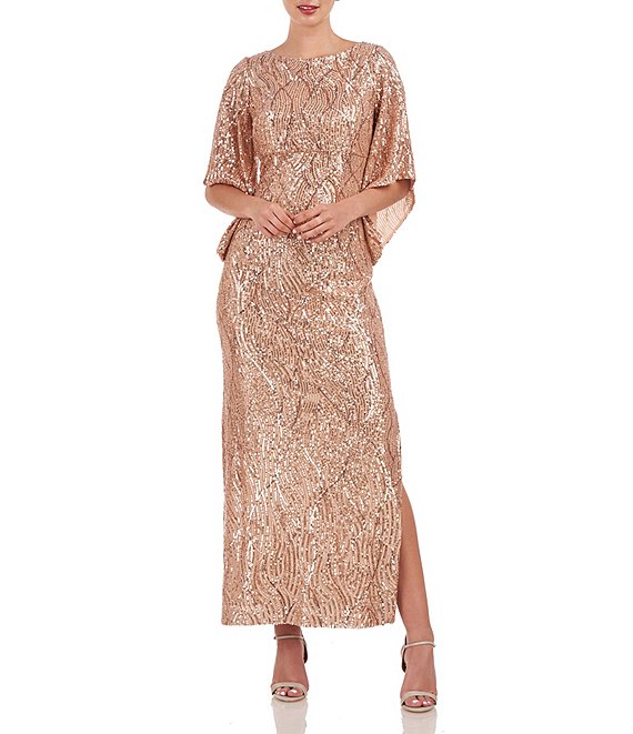 JS Collections Stretch Sequin Boat Neck 3/4 Angled Sleeve Gown | Dillard's