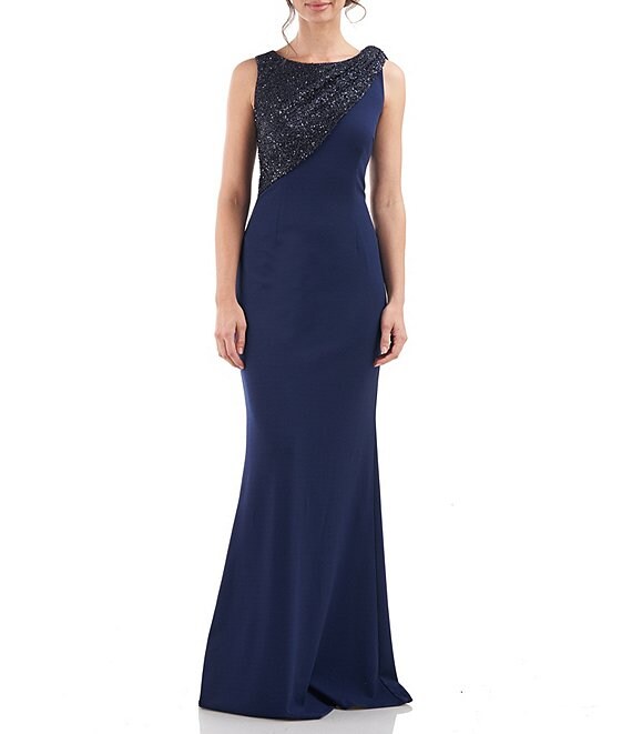 Color:Navy - Image 1 - Stretch Sequin Sleeveless Round Neck Mermaid Gown