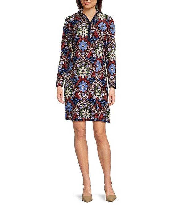 Jude Connally Anna Jude Cloth Stretch Knit Wrinkle Free Felicity Floral Print High Stand Collar Long Sleeve Shift Dress Dillard s