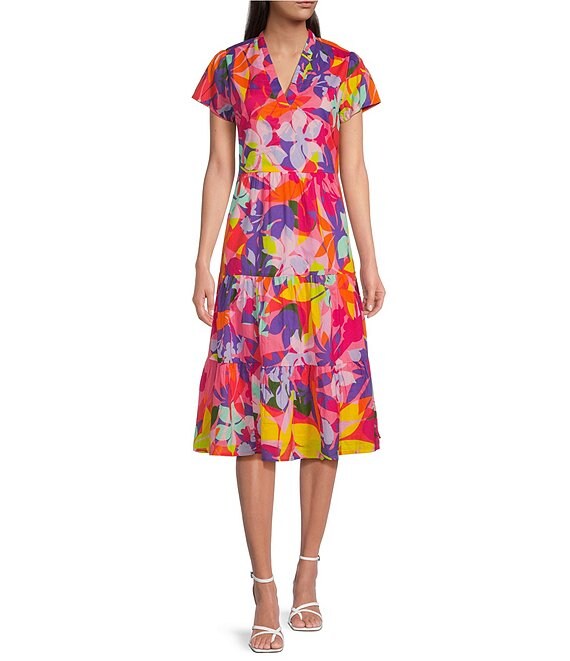 Jude Connally Eliza Kaleidoscope Floral Print V-Neck Short Sleeve Side Zip A-Line Cotton Voile Dress