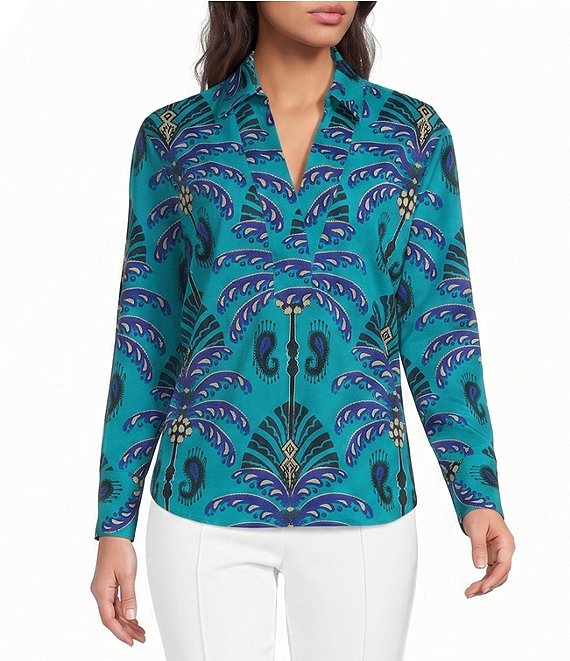 Jude Connally Francine Decorative Frond Peacock Print Point Collar Long Sleeve Top