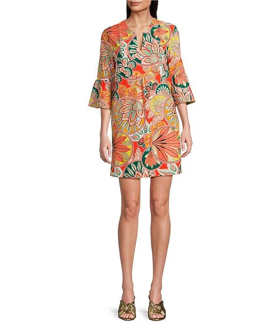 3/4 Sleeve Print Knee Length V Neck Shift Dresses 3/4 Sleeve Print Knee Length V Neck Shift Dresses