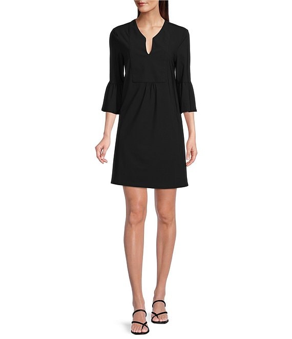 Color:Black - Image 1 - Kerry Stretch Knit Split V-Neck 3/4 Bell Sleeve Dress