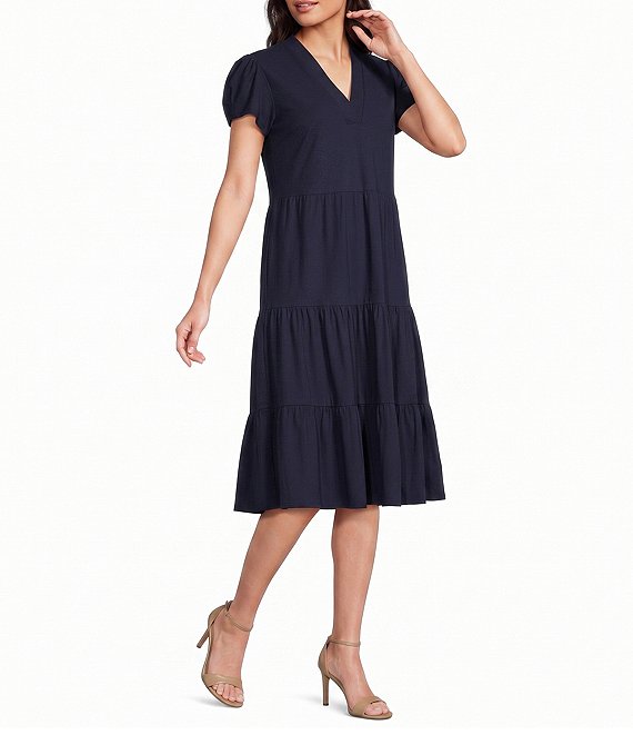 Jude Connally Libby Solid Jude Cloth Knit V-Neck Short Puffed Sleeve A-Line Tiered Midi Dress