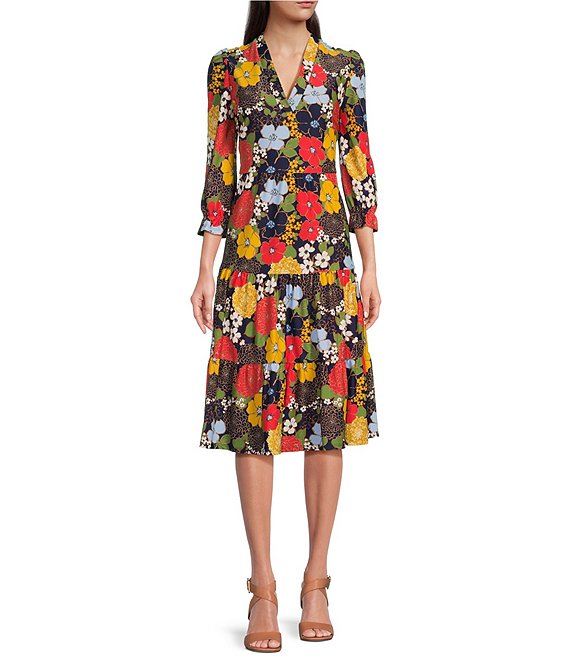 Jude Connally Maggie Autumn Blooms Navy Print Jude Cloth Stretch Knit Split V-Neck A-Line Tiered Dress