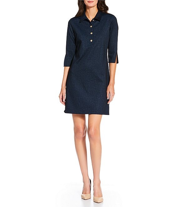 Jude Connally Midge Denim Point Collar Long Split Sleeve Dress, Navy - Image 1