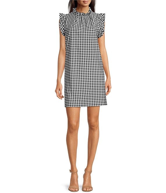 Jude Connally Shari Stretch Knit Gingham Print Ruffle Trim Mock Neck ...