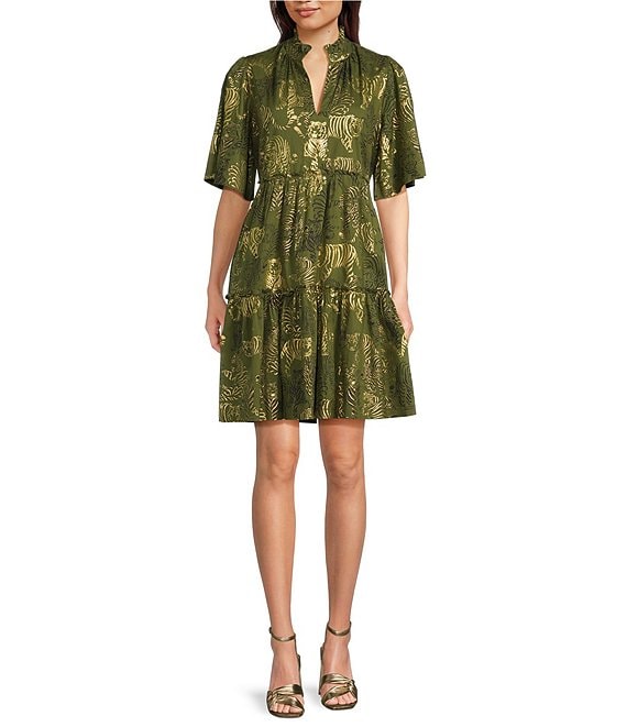 Jude Connally Shirley Tiger Safari Metallic Cotton Voile V-Neck Short Flutter Tiered Swing Dress, Tiger Safari Loden Gold - Image 1