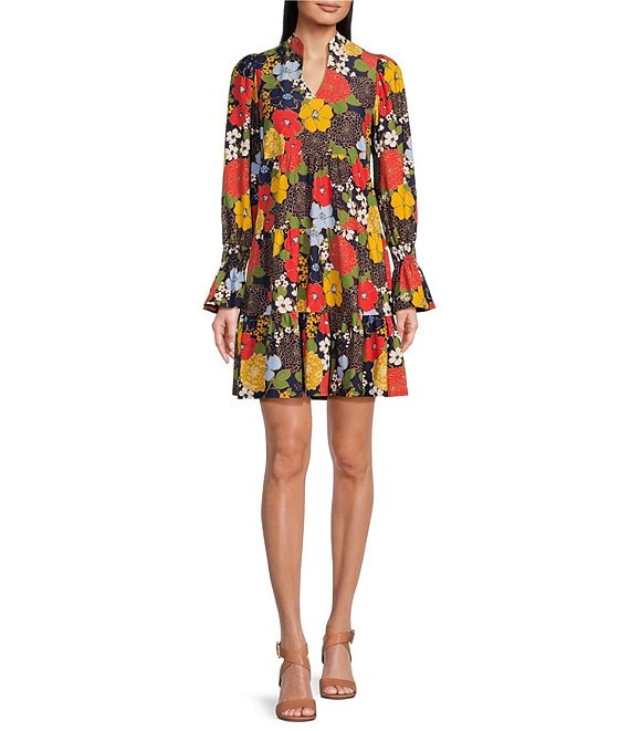 Jude Connally Tammi Autumn Blooms Navy Print Jude Cloth Stretch Knit Split V-Neck Long Ruffled Sleeve A-Line Tiered Dress