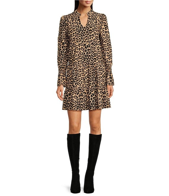 Color:Lux Leopard Camel - Image 1 - Tammi Lux Leopard Stretch Jude Cloth Knit Split V-Neck Long Sleeve Tiered Dress