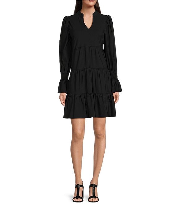 Black Split V Neck Long Sleeve Shift Dresses Black Split V Neck Long Sleeve Shift Dresses