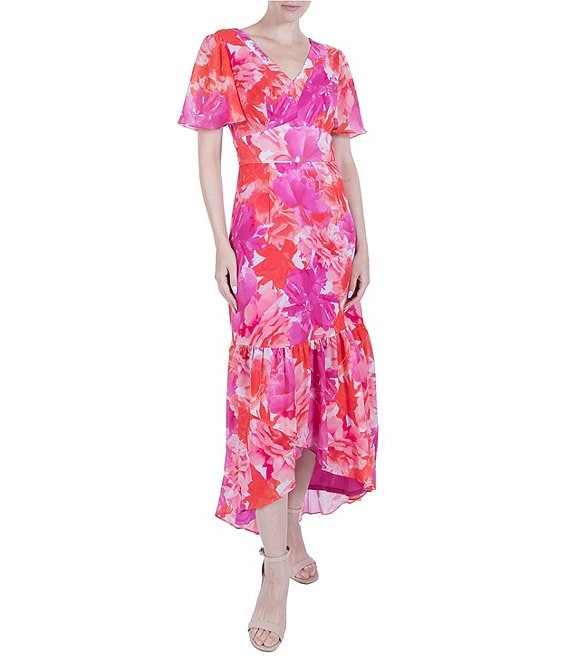 Julia Jordan Chiffon Floral Print V Neck Short Flutter Sleeve High Low Ruffle Hem Dress Dillard s