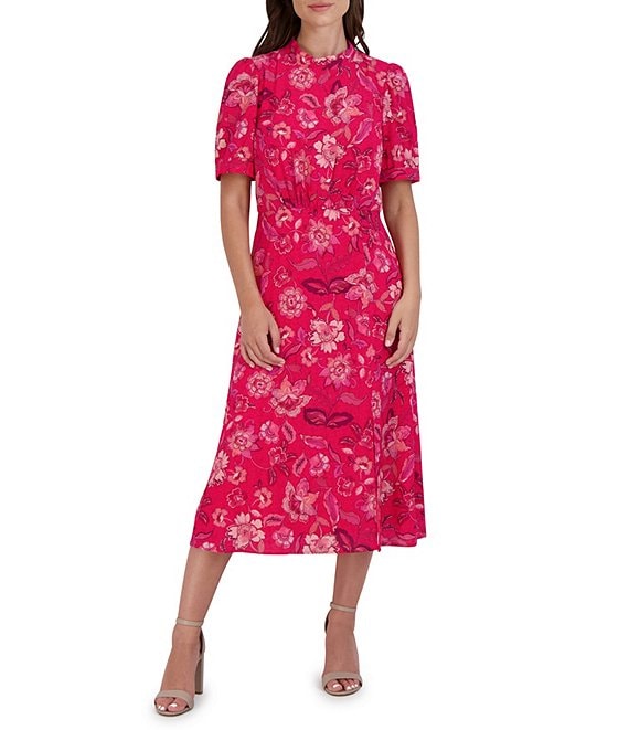 Julia Jordan Floral Print Mock Neck Short Puff Sleeve Midi Dress ...