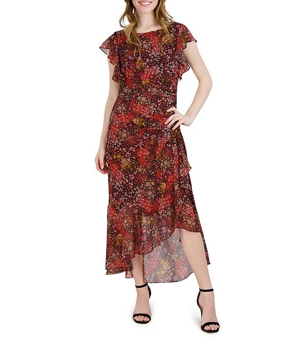 Julia Jordan Floral Print Ruched Side Ruffle Round Neck Short Sleeve ...