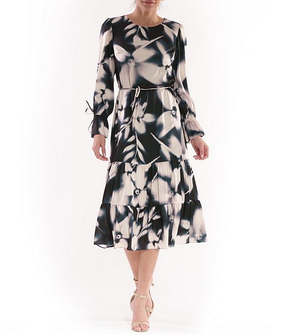 Julia Jordan Floral Satin Scoop Neck Long Sleeve Tie Cuff Tiered Midi ...