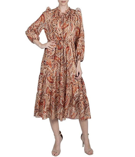 Julia Jordan Printed Chiffon Mock Neck Long Puff Shoulder Sleeve Midi Dress  | Dillard's