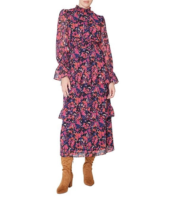 Julia Jordan Printed Mock Neck Long Sleeve Smocked Waist Maxi Dress ...