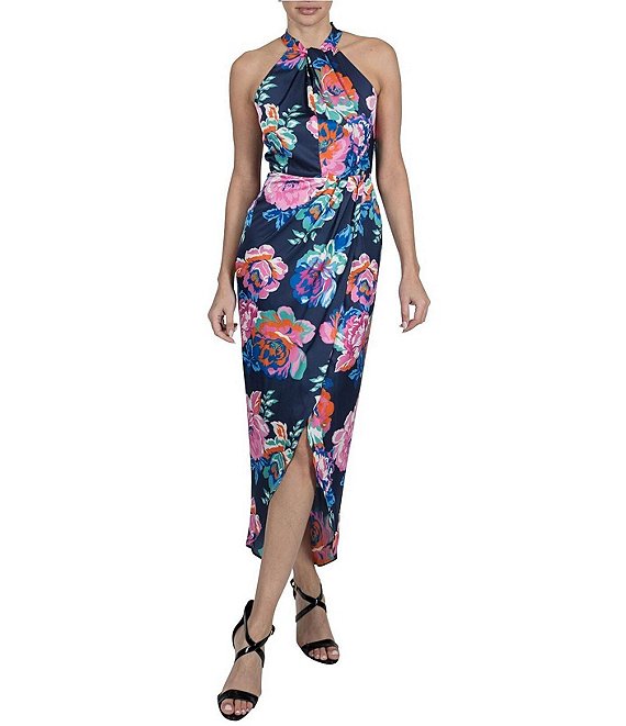 Julia Jordan Satin Floral Print Halter Neck Sleeveless Wrap Waist Dress