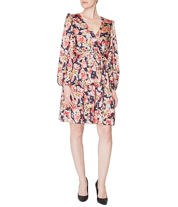 Julia Jordan Satin Floral Surplice V-Neckline Long Sleeve Dress | Dillard's