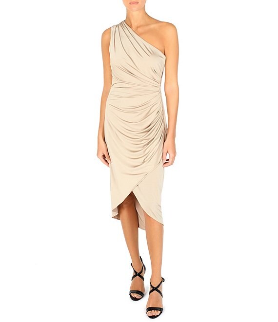 Color:Gold - Image 1 - Satin Stretch Jersey Knit One Shoulder Sleeveless Ruched Dress