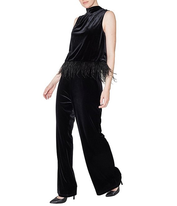 Color:Black - Image 1 - Sleeveless Velvet 2-Piece Mock Neck Feather Trim Wide Leg Pant Set
