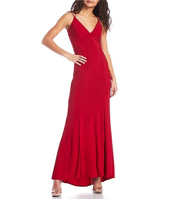 Color:Red - Image 1 - Double Spaghetti Strap V-Neck Lace-Up-Back Princess Seamed Long Stretch Jersey Dress
