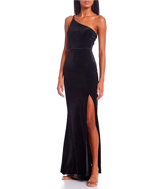Color:Black - Image 1 - One Should Stretch Velvet with Side Cut Out and Side Slit Gown