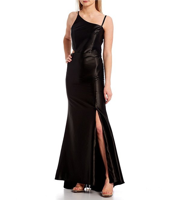 Color:Black - Image 1 - One-Shoulder Side-Cut-Out Slit Hem Satin Ball Gown