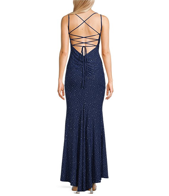 Jump Rhinestone Square Neck Spaghetti Strap Lace Up Back Long Dress