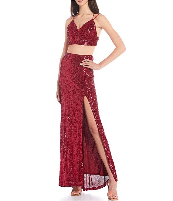Color:Maroon - Image 1 - Sequin-Embellished V-Neck Cropped Tank Top & Long Slit Hem Skirt Two-Piece Dress