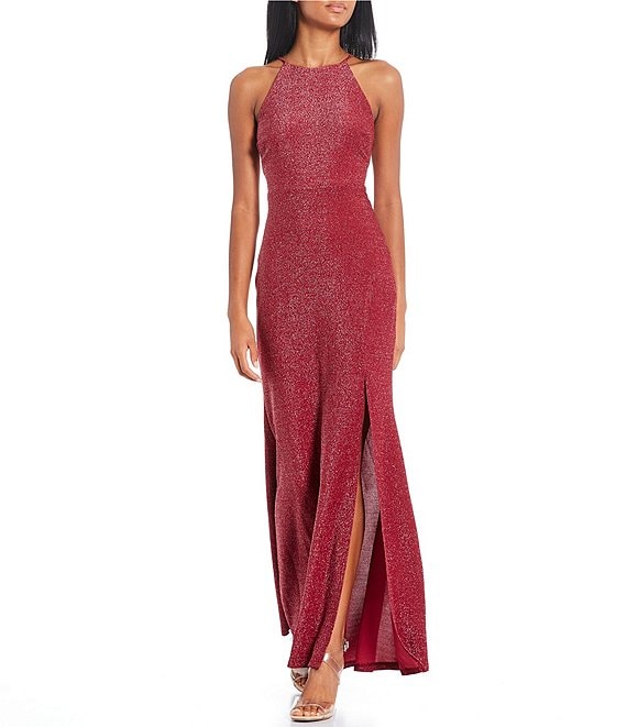 Jump Shimmer Glitter Side Slit Long Dress | Dillard's